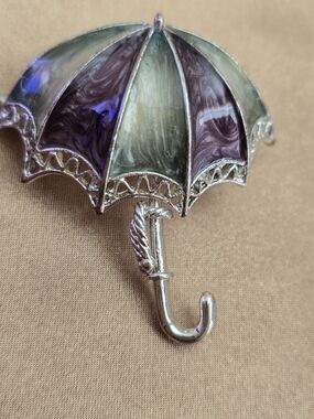 Silver Umbrella Brooch with Purple and Green Enamel
